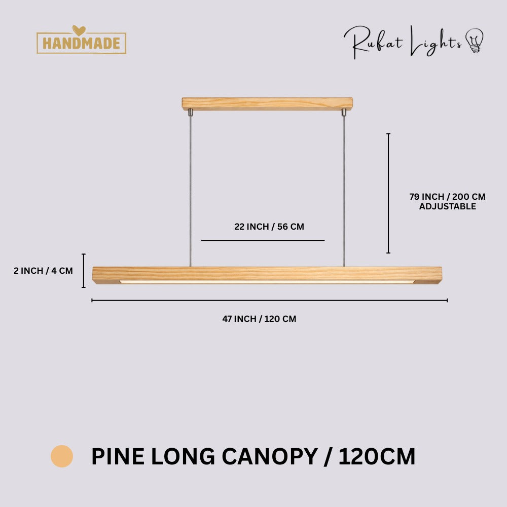 Wood Linear Sweep Sensor Chandelier Pine-Long Canopy 120 cm dimensions: 47 in (120 cm) long, 2 in (4 cm) high, 79 in (200 cm) adjustable hanging length
