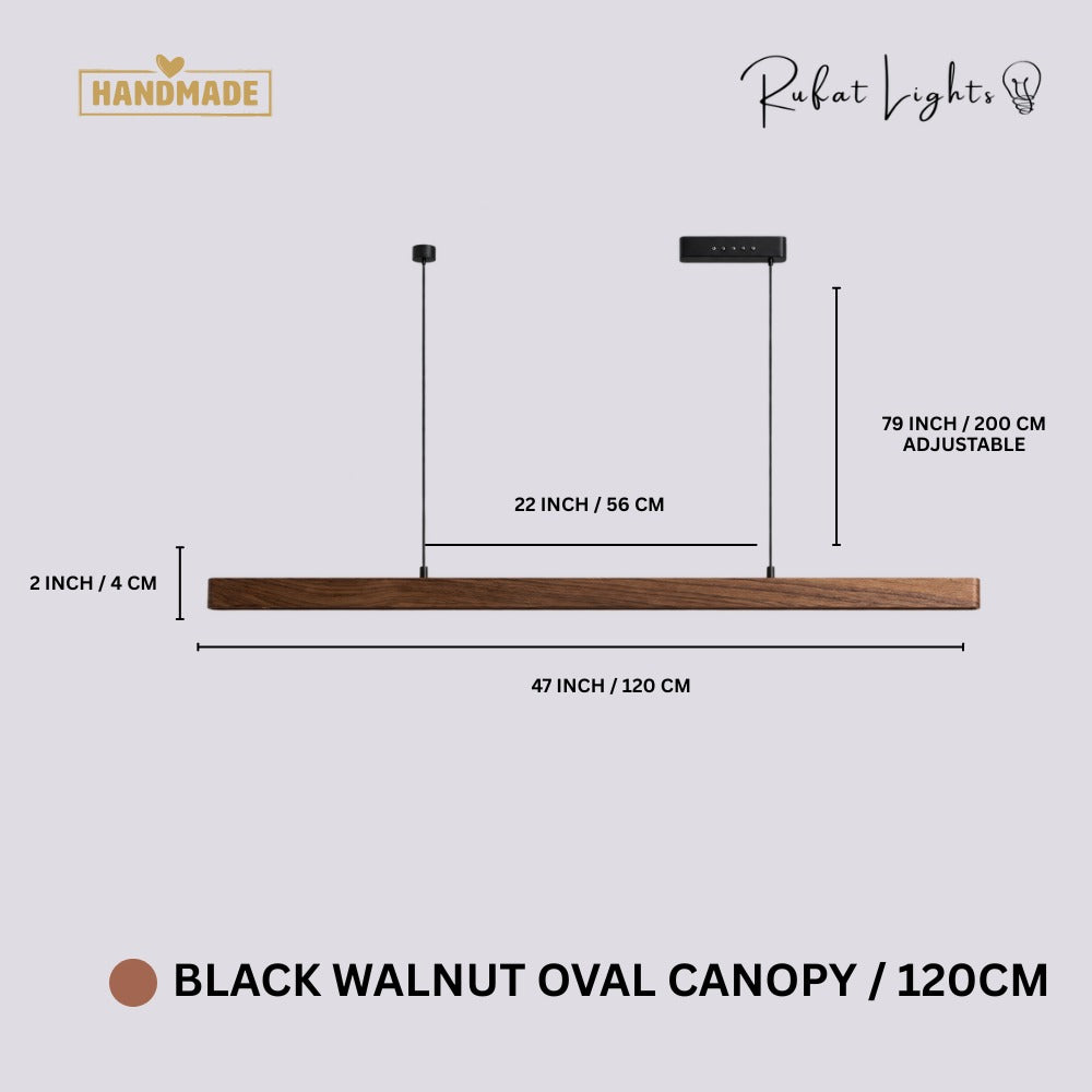 Wood Linear Sweep Sensor Chandelier Black Walnut-Oval 120 cm dimensions: 47 in (120 cm) long, 2 in (4 cm) high, 79 in (200 cm) adjustable hanging length