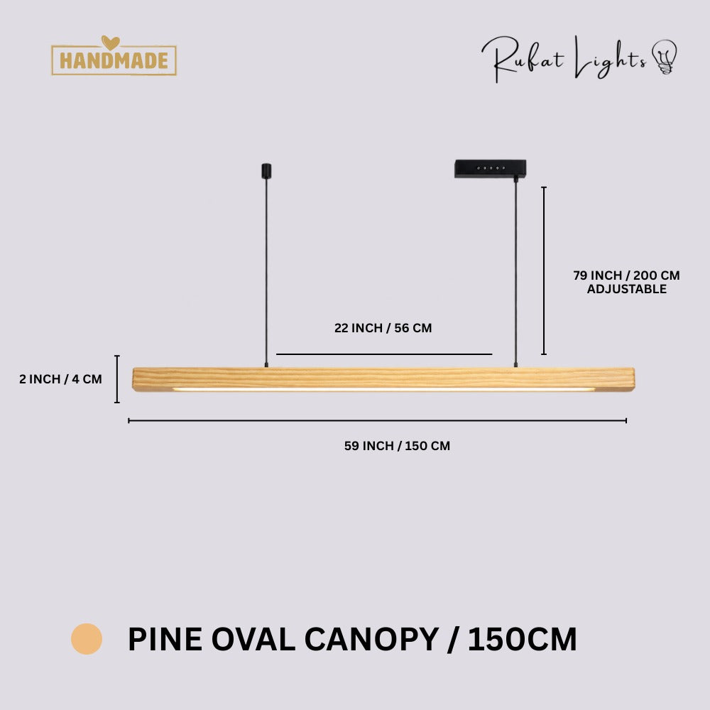 Wood Linear Sweep Sensor Chandelier Pine-Oval Canopy 150 cm dimensions: 59 in (150 cm) long, 2 in (4 cm) high, 79 in (200 cm) adjustable hanging length