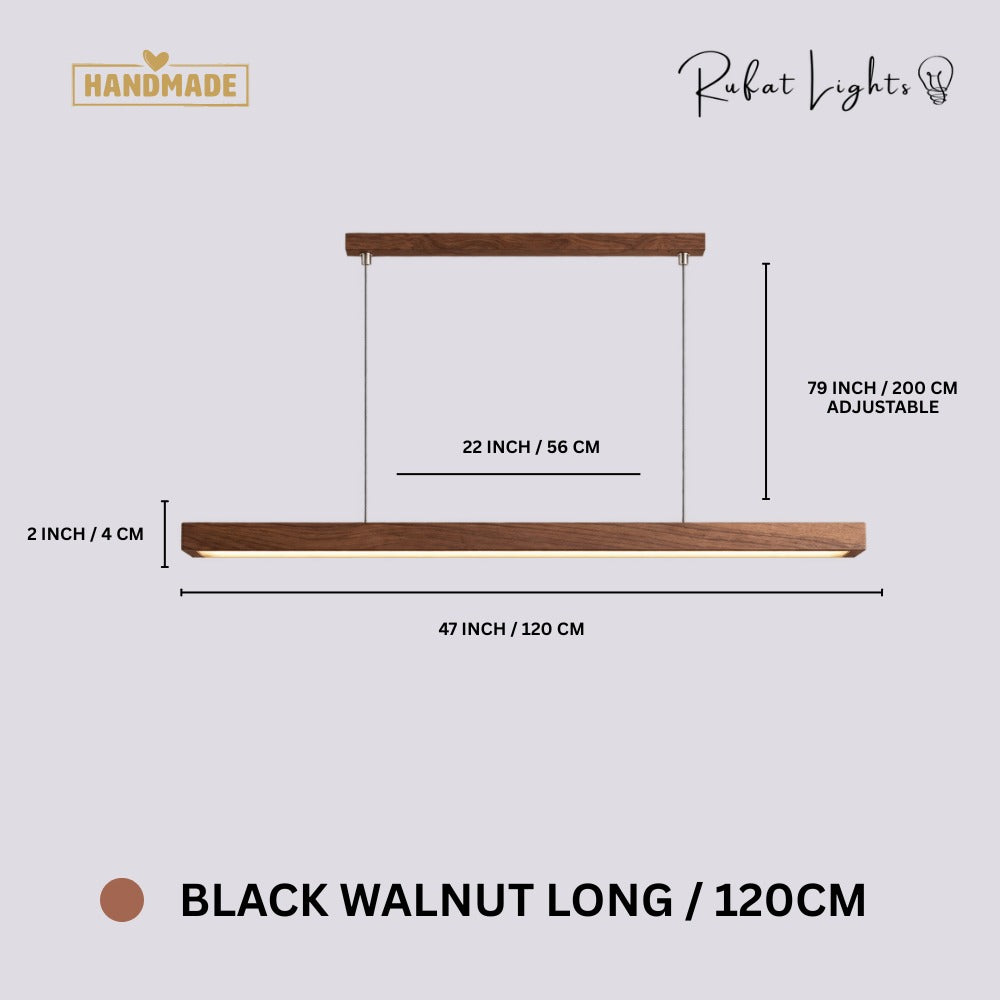 Wood Linear Sweep Sensor Chandelier Black Walnut-Long 120 cm dimensions: 47 in (120 cm) long, 2 in (4 cm) high, 79 in (200 cm) adjustable hanging length