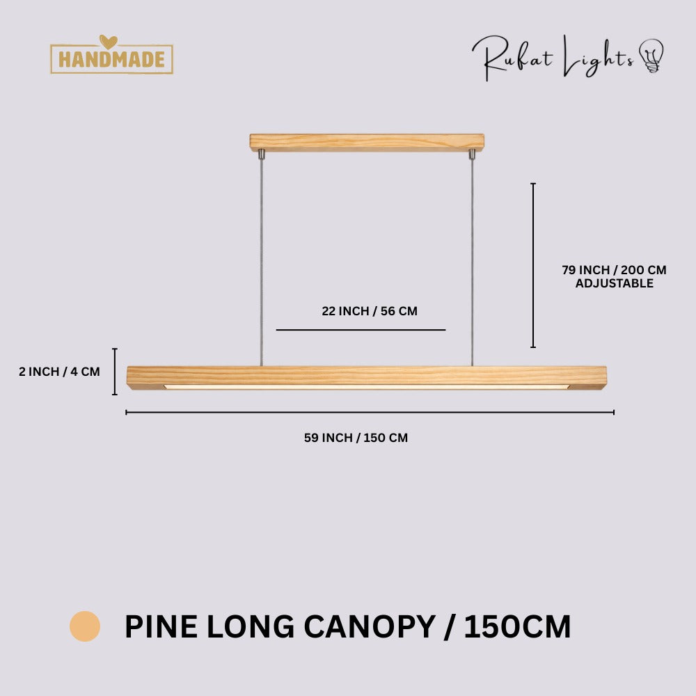 Wood Linear Sweep Sensor Chandelier Pine-Long Canopy 150 cm dimensions: 59 in (150 cm) long, 2 in (4 cm) high, 79 in (200 cm) adjustable hanging length