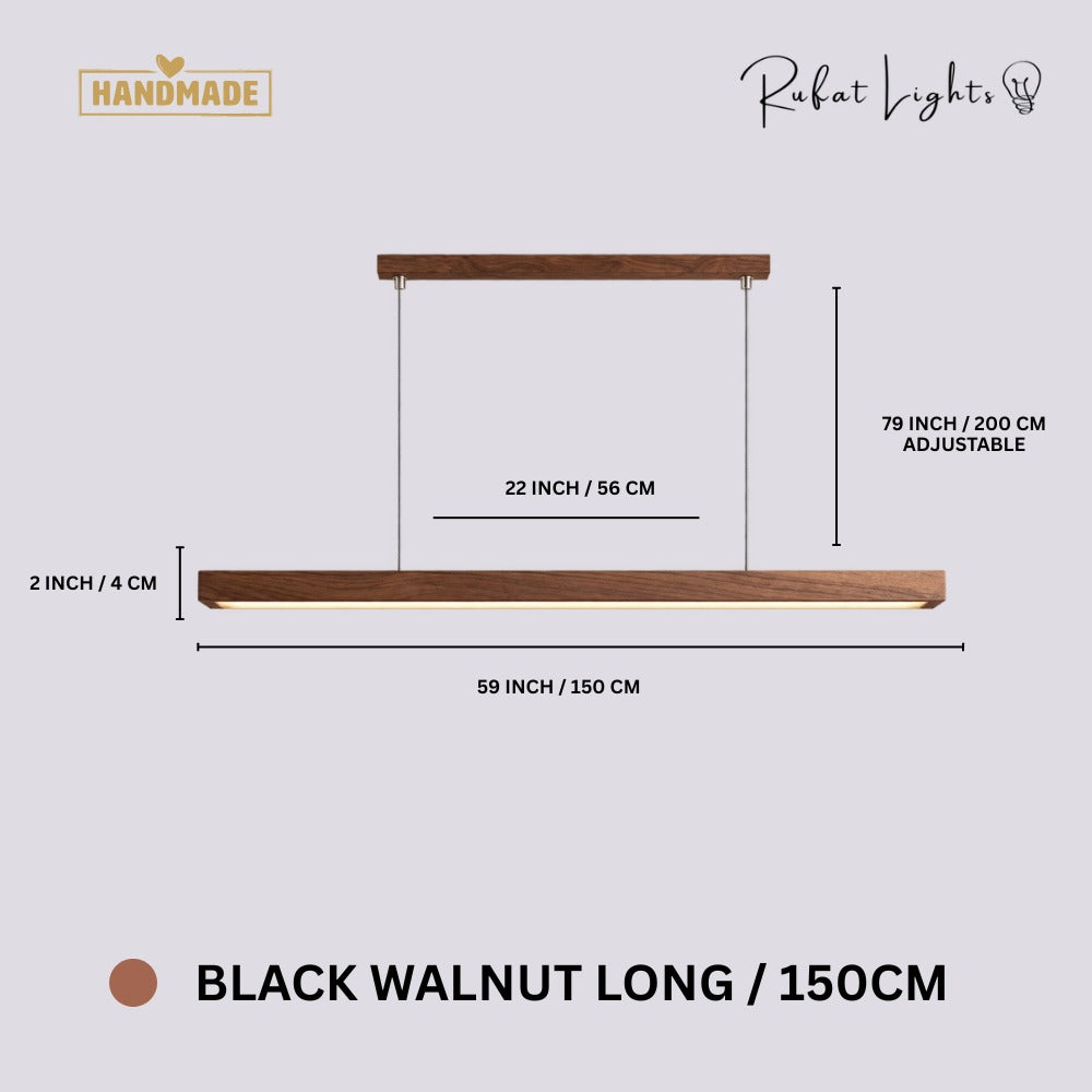 Wood Linear Sweep Sensor Chandelier Black Walnut-Long 150 cm dimensions: 59 in (150 cm) long, 2 in (4 cm) high, 79 in (200 cm) adjustable hanging length
