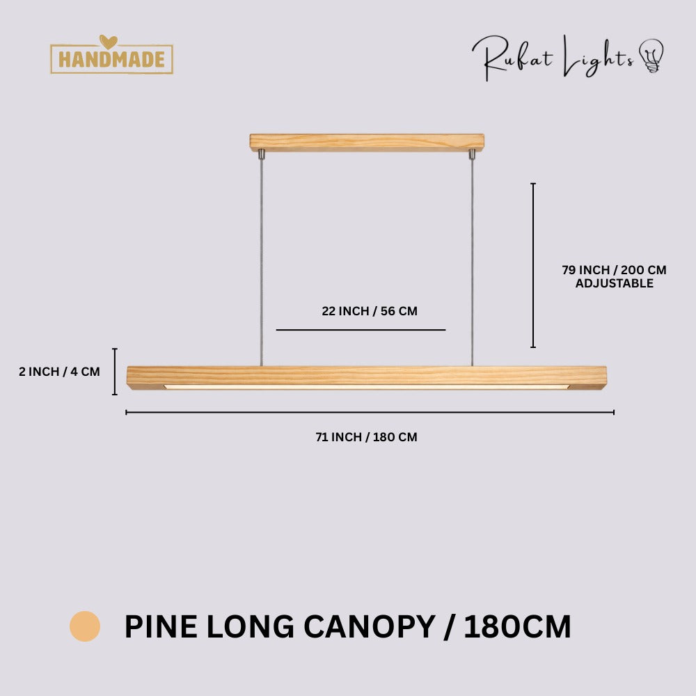 Wood Linear Sweep Sensor Chandelier Pine-Long Canopy 180 cm dimensions: 71 in (180 cm) long, 2 in (4 cm) high, 79 in (200 cm) adjustable hanging length