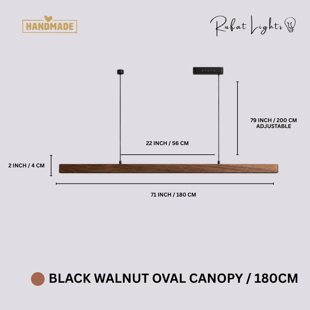 Wood Linear Sweep Sensor Chandelier Black Walnut-Oval 180 cm dimensions: 71 in (180 cm) long, 2 in (4 cm) high, 79 in (200 cm) adjustable hanging length