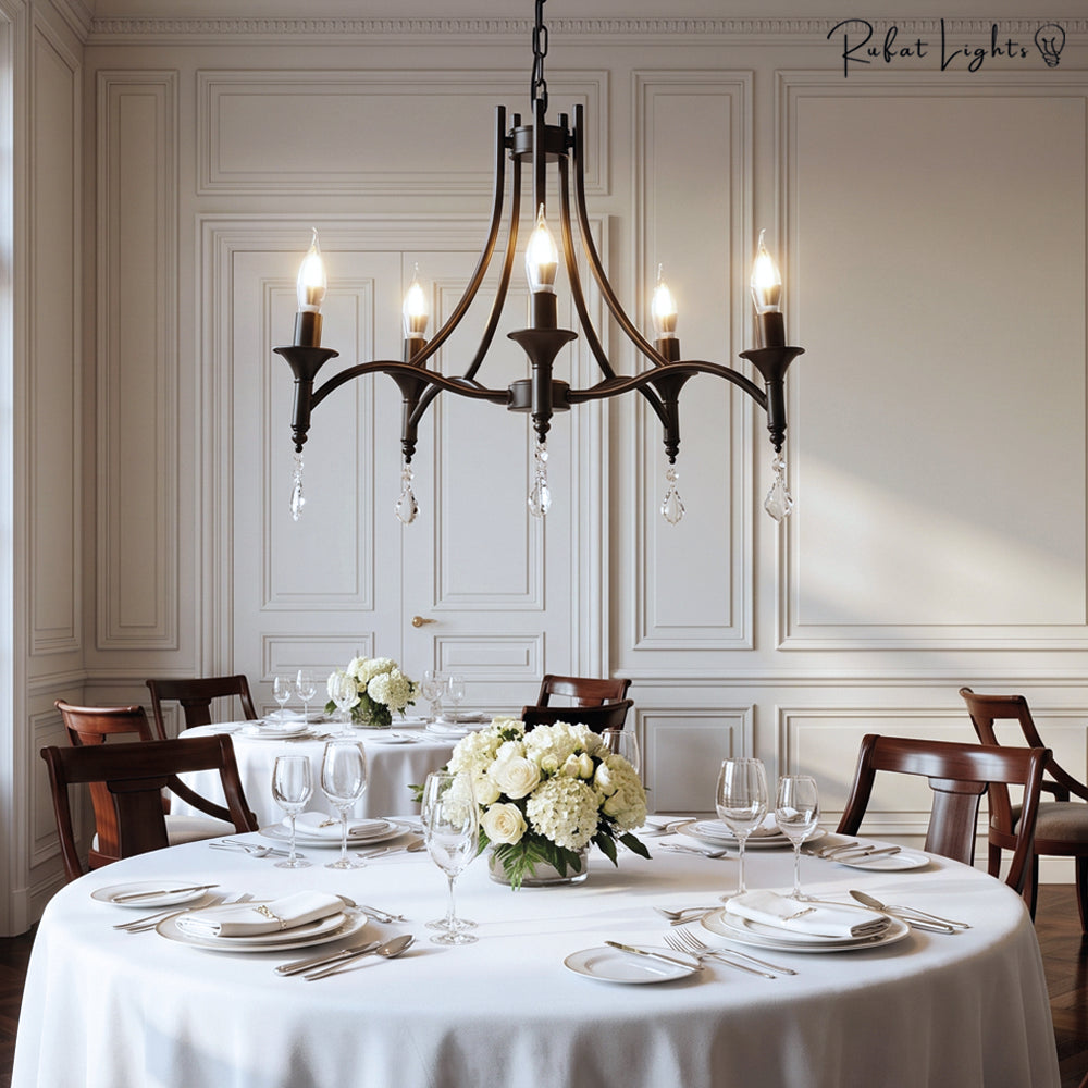 Wrought Iron Crystal 5 Heads Chandelier Lamp over a round dining table