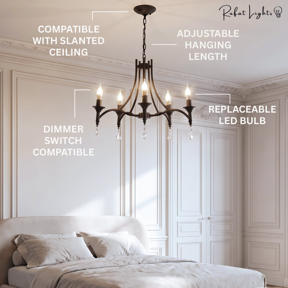 Wrought Iron Crystal 5 Heads Chandelier Lamp features: slanted ceiling compatible, adjustable hanging length, dimmer compatible, replaceable LED bulb