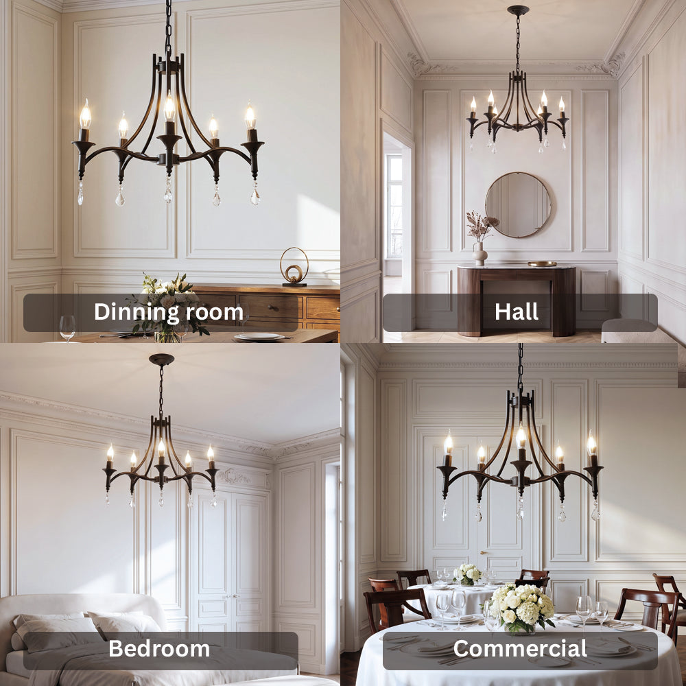 Wrought Iron Crystal 5 Heads Chandelier Lamp shown in dining room, hall, bedroom and commercial spaces