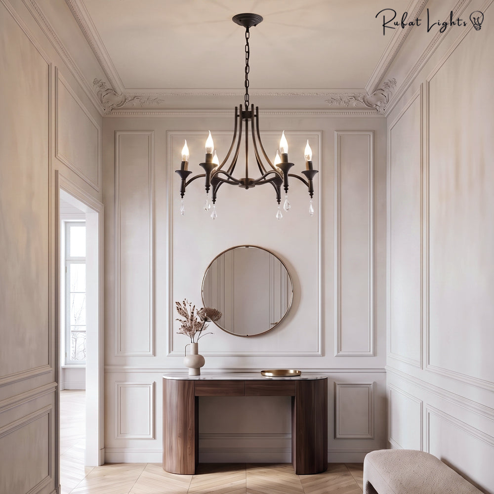 Wrought Iron Crystal 5 Heads Chandelier Lamp in an entryway
