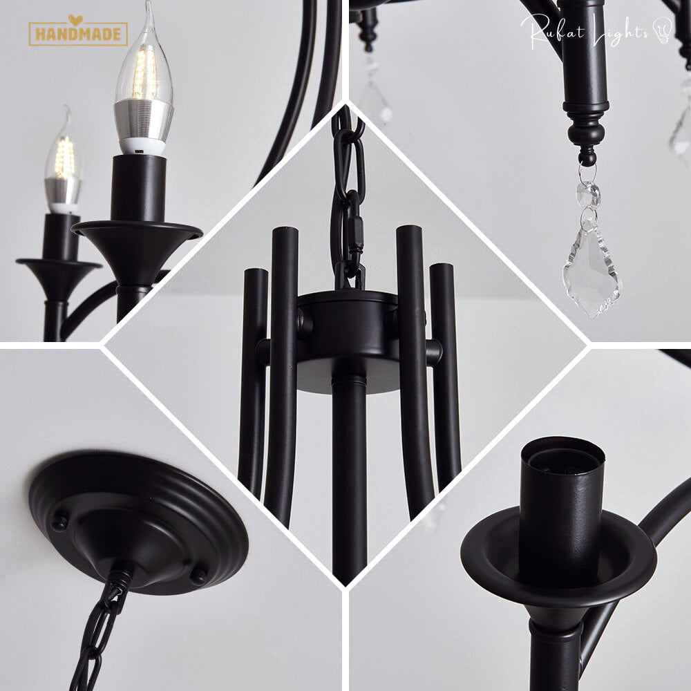 Wrought Iron Crystal 5 Heads Chandelier Lamp details: arms, candle holders and crystal drops