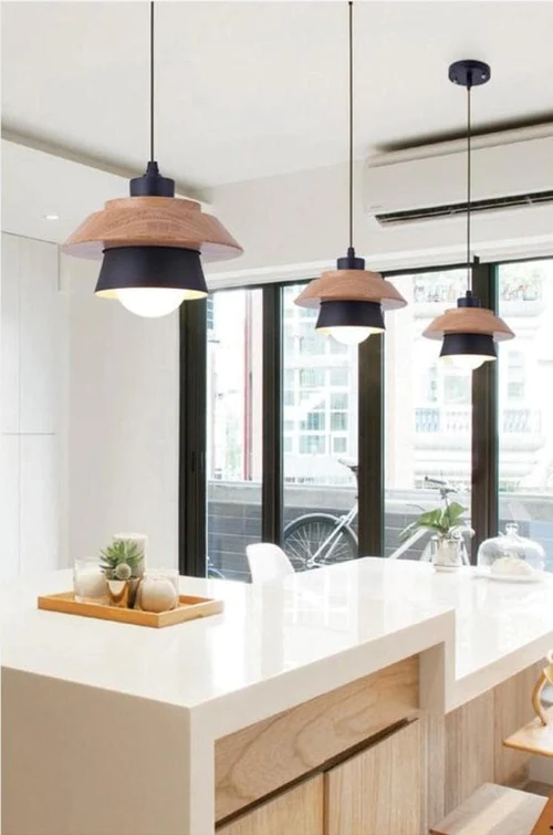 LED Pendant Light with Wood and Metal Layers