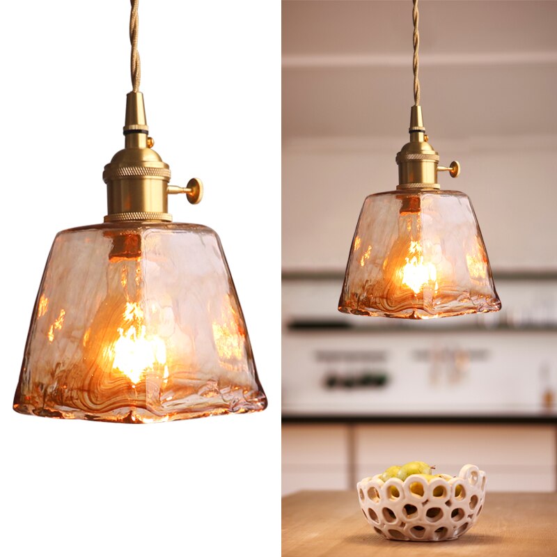 Modern Brass Amber Glass Pendant Light