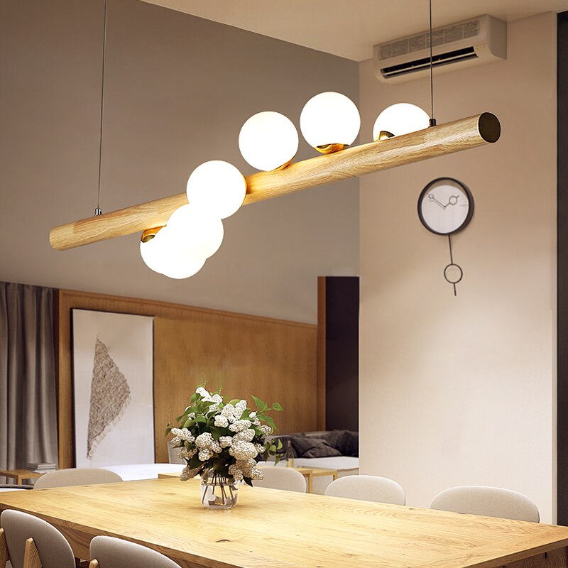 Solid Wood White Glass Balls Pendant Light