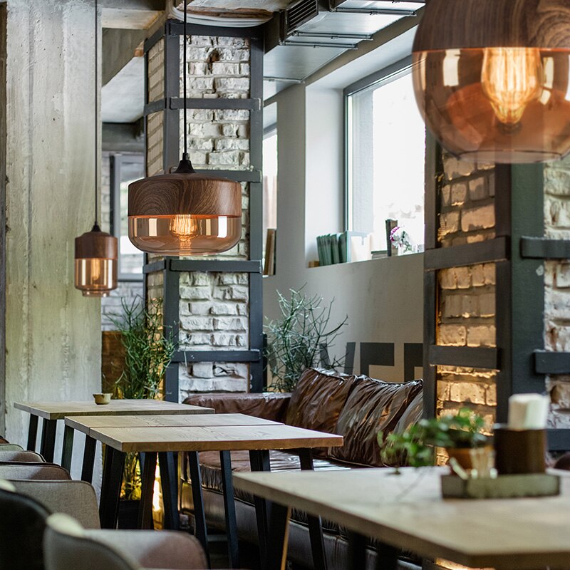 Wood Color Glass LED Pendant Lamp