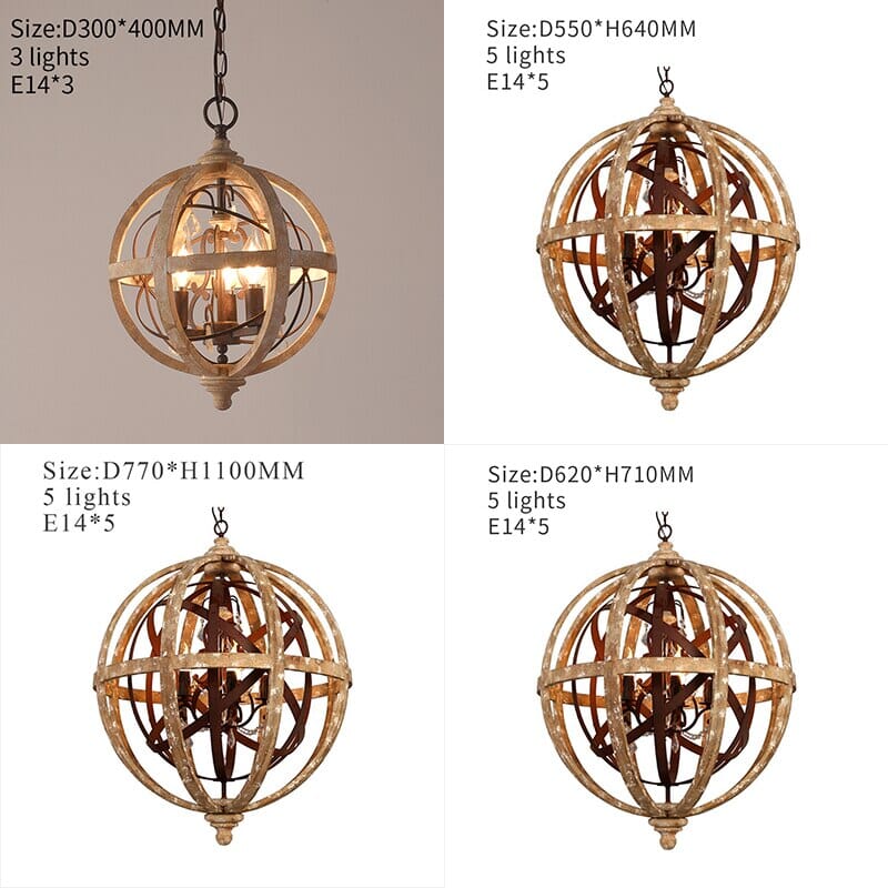 Antique Round Sphere Wooden Pendant Lamp