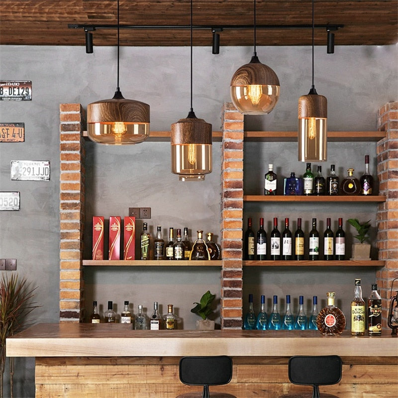 Wood Color Glass LED Pendant Lamp
