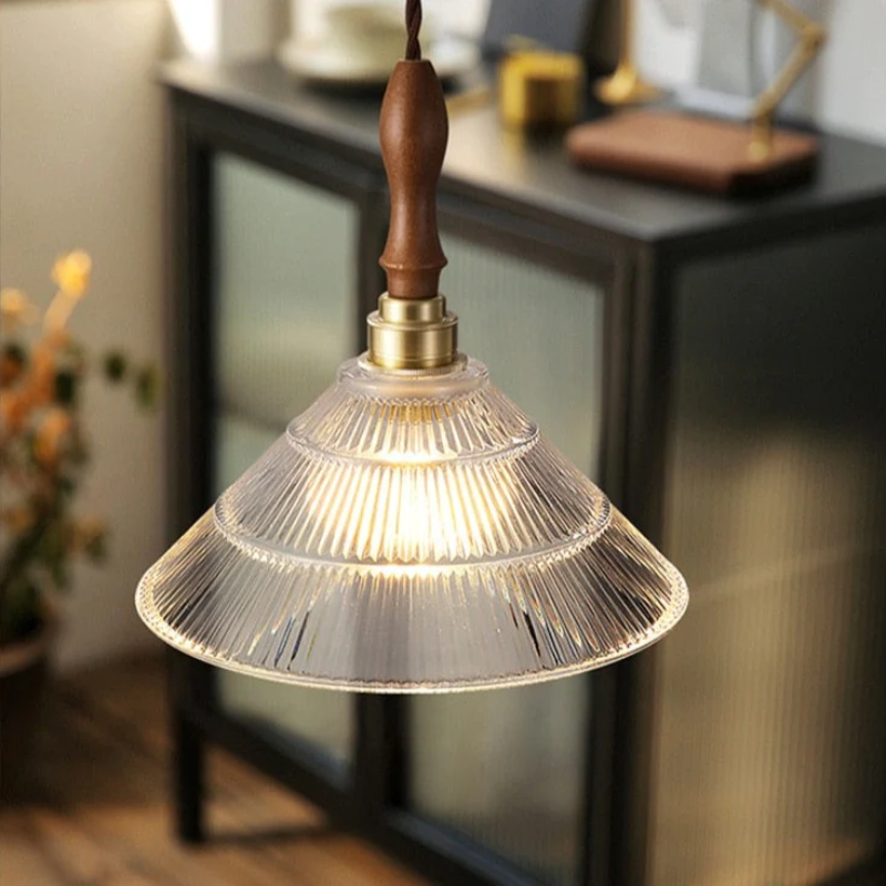 Retro Pendant LED Light with Ripple Glass & Walnut Wood