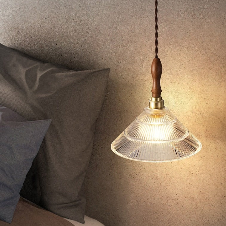 Retro Pendant LED Light with Ripple Glass & Walnut Wood