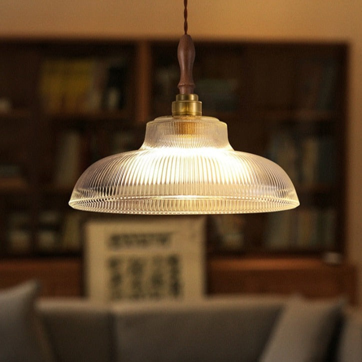 Retro Pendant LED Light with Ripple Glass & Walnut Wood