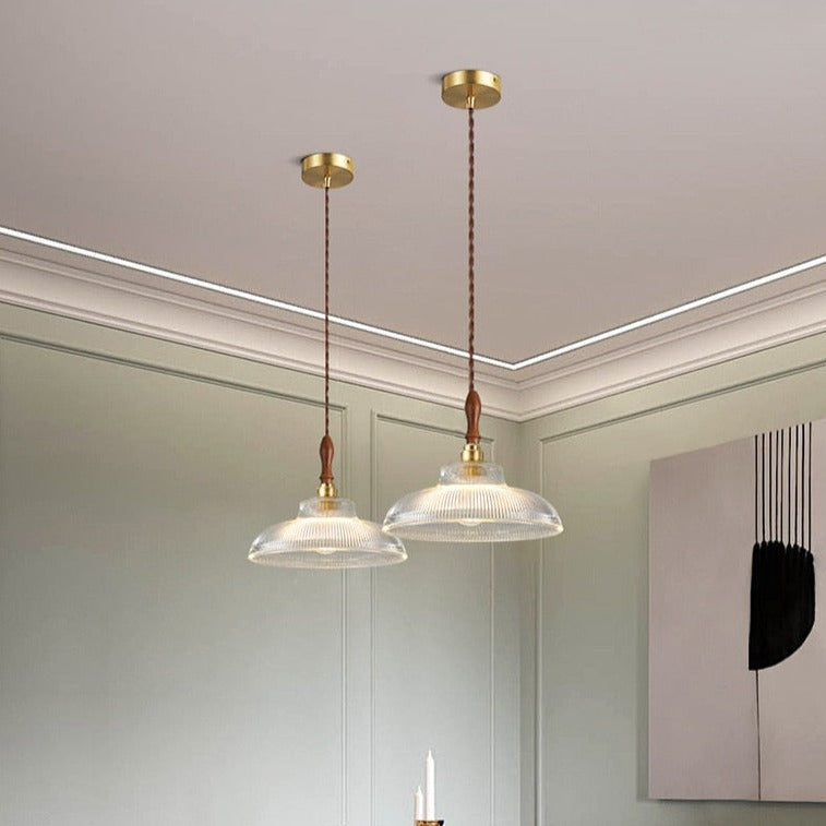 Retro Pendant LED Light with Ripple Glass & Walnut Wood