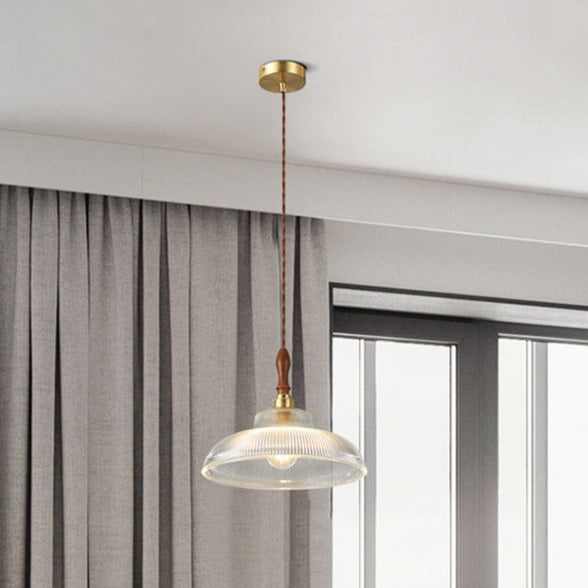 Retro Pendant LED Light with Ripple Glass & Walnut Wood