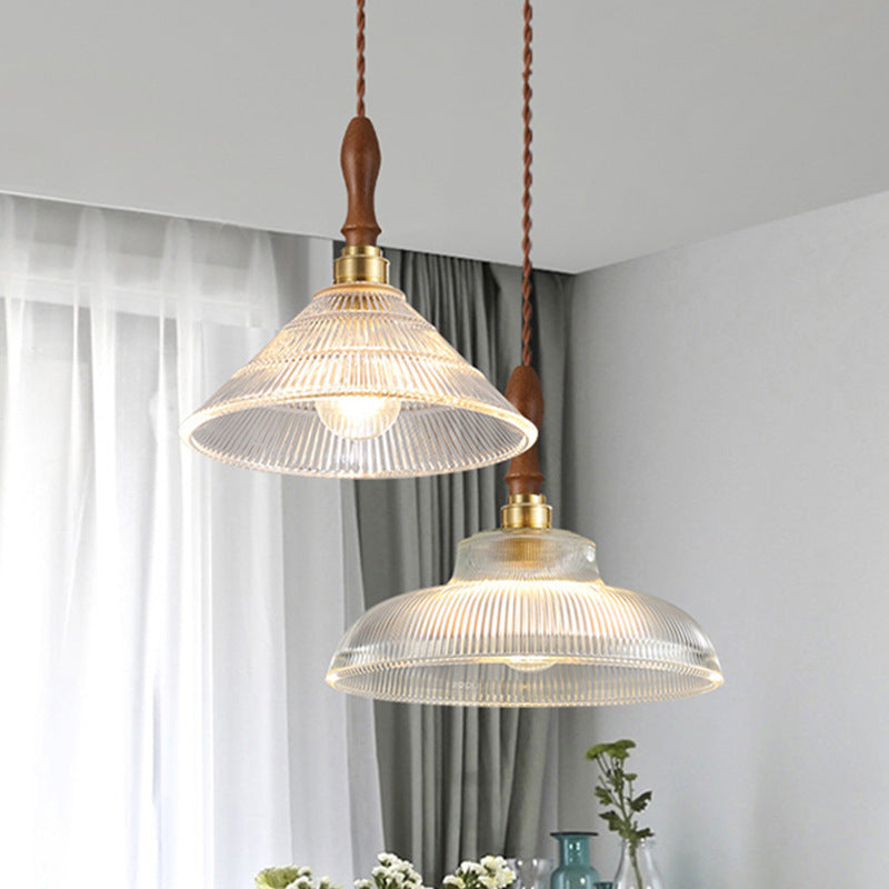 Retro Pendant LED Light with Ripple Glass & Walnut Wood