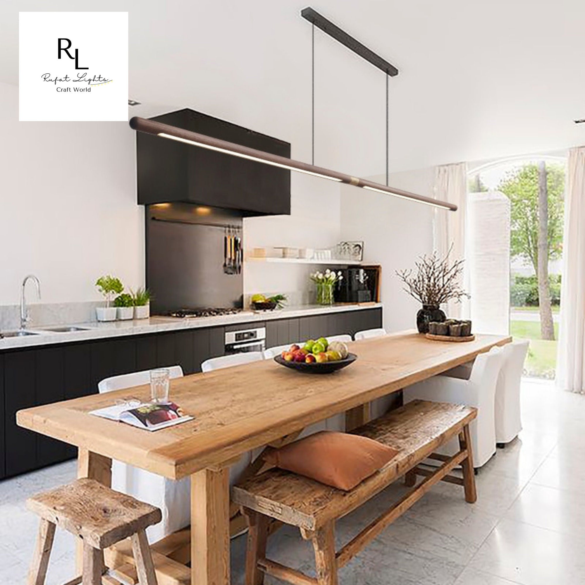 Extended Linear Suspension Light Modern LED Solid Wood